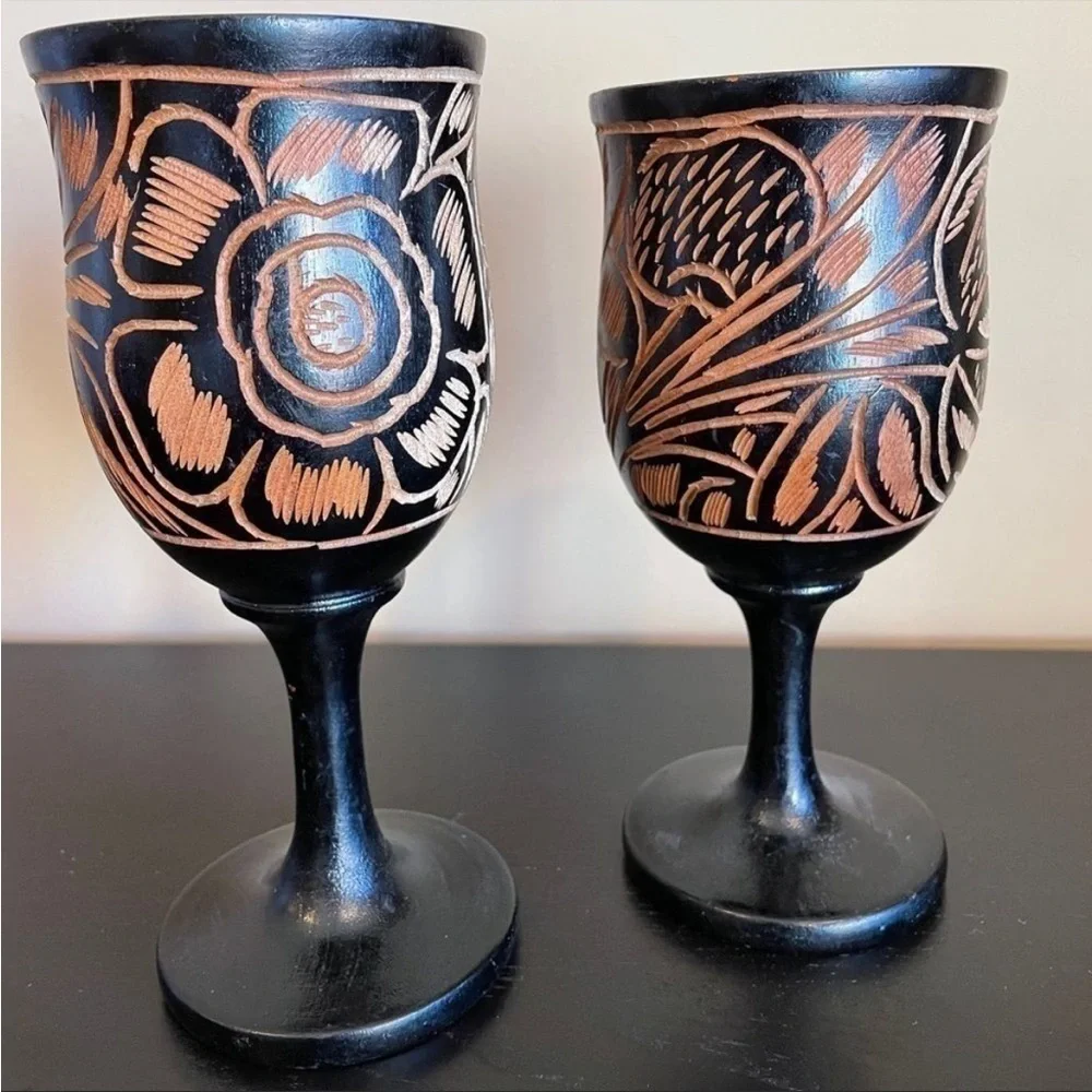 Wooden Black Goblets with Traditional Images Ornament, Handmade in Haiti